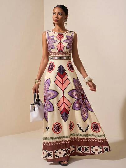 Zivah 2025 Summer New Music Festival, Easter, St. Patrick's Day, Western, Nomadic, Birthday Party, Graduation, Campus Style, Student Wear, Daily Casual, Vacation, Cruise Travel, Beach, Sunbathing, Viral , Street Style, Plus Size Women's Tropical Rainforest Combination Pattern Print Sleeveless A-Line Maxi Dress