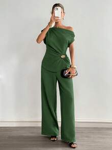 Nuevo conjunto con decoración metálica en el hombro para mujer en color marrón - Verde - Ver 5