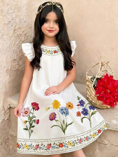 SHEIN Đầm in họa tiết tay ngắn cổ giả cho bé gái tuổi teen