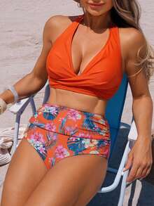 Swim Lushoire Women's Summer Beach Tropical Plant Print Halter Tie Sexy Bikini Swimsuit Set - Burnt Orange - View 4