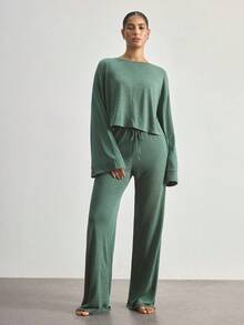 Ocili Bộ đồ ngủ nữ 2 món mềm mại, thoải mái, chất liệu vải dệt kim tre, cổ tròn, tay dài và quần, thích hợp cho mùa hè. - Màu xanh lá cây đậm - Xem 4
