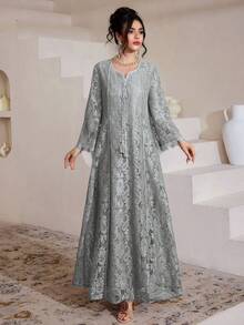 SHEIN Najma Square Neck Lace Tassel 3/4 Sleeve Flared Dress For Women - Grey - View 7
