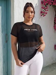 EMERY ROSE CURVE Áo thun thể thao lưới họa tiết chữ Plus không có áo ngực dành cho nữ tập gym - màu đen - Xem 5