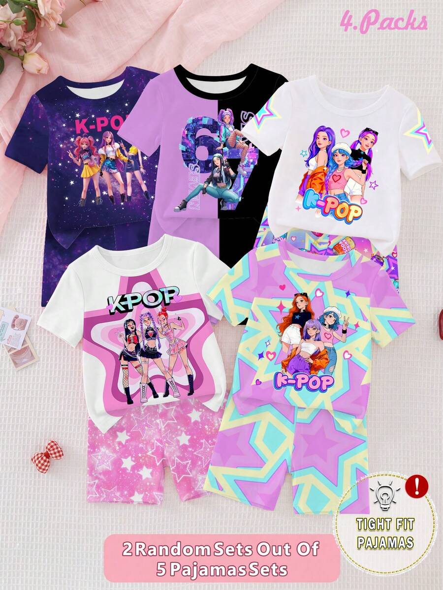 [5 conjuntos aleatórios, 2 conjuntos entregues] Pijama infantil feminino, estampa moderna e fofa de desenho animado K-POP para primavera/verão, conjunto de pijama de 2 peças com shorts de manga curta em tecido de malha justa e alta elasticidade (entrega aleatória) - Multicolorido - Ver 1