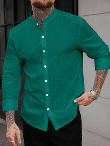 Manfinity CasualCool Kemeja Kasual Pria Lengan Panjang Kancing Tunggal Warna Polos - Hijau - View 5