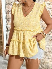 EMERY ROSE Plus Size Woven Floral V-Neck Flutter Sleeve Ruffle Trim Elegant Blouse, Suitable For Vacation, Outdoor, Daily Wear, Spring/Summer - Yellow - View 3