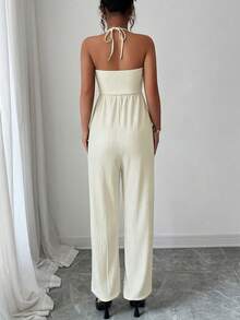 Selianne Women's Solid Color Halter Neck Pleated Casual Jumpsuit - Apricot - View 2