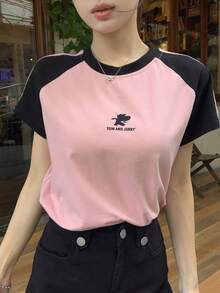 TOM AND JERRY X DAZY Women's Casual Round Neck Contrast Color Raglan Sleeve T-Shirt, Summer Cute Top - Pink - View 4