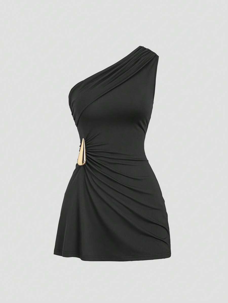 SHEIN PETITE Women's Sexy Asymmetrical Shoulder Ruched Waist Fitted Mini Dress With Metal Buckle Decor, Spring/Summer ,Petite Women - Black - View 1