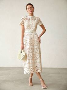 MOTF PREMIUM ELEGANT & FASHIONABLE WOMEN'S BELTED HOLLOW OUT MID-LENGTH DRESS - Apricot - View 5