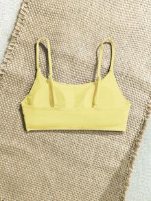 SHEIN Swim 女款淡黃色細肩帶比基尼上衣，適合夏季海灘度假，保守素色設計 - 黃色 - 查看 3