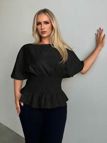 Auralis Blusa casual de manga corta con pliegues de unicolor, talla grande, primavera/verano - Negro - Ver 2
