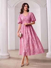 Modelyn V-Neck Puff Sleeve Jacquard Front Button Closure Pink Dress - Hot Pink - View 6