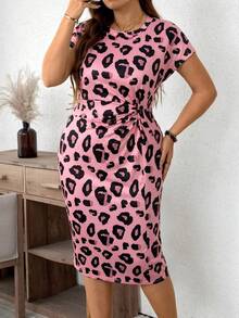 SHEIN LUNE Plus Size Women's Summer Fashionable Elegant Leopard Print Ruffle Sleeve Cinched Waist Fitted Dress - Pink - View 5
