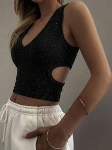 DAZY Women's Summer Round Neck Backless Hollow Design Fitted Cropped Casual Sexy Camisole Top - Black - View 5