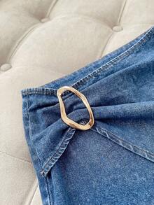 Firerie Fustă mini din denim pentru femei, cu decor metalic, casual, versatilă, pentru întâlniri de noapte, vară, costum de carnaval, naveta, vacanță, absolvire, șic, Y2K, drăguț, streetwear, petrecere, nuntă, elegant, business casual, femeie, afaceri, plajă, absolvire, la modă, fustă din denim pentru femei, cu detaliu inel auriu, lungime mini, spălată, fustă blugi, pentru vară - Albastru - Vizualizare 6