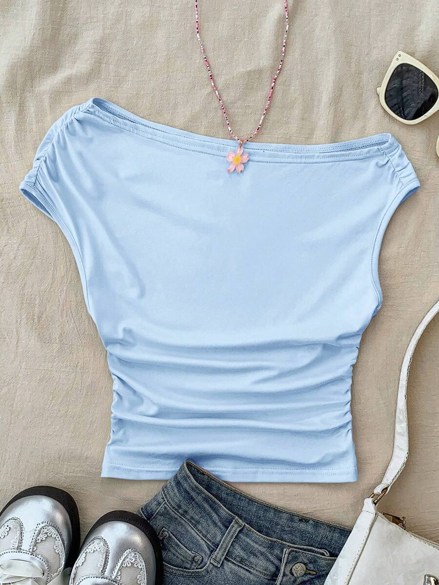 Teen Girls' White Knit Casual Minimalist Polka Dot Print Asymmetric Ruched Cropped Top, Suitable For Spring/Summer, Personalized Styling, Daily Wear - Baby Blue - View 1