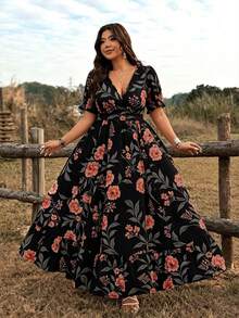 Plus Size Elegant Floral Print Dress, Suitable For Spring/Summer - Black - View 3
