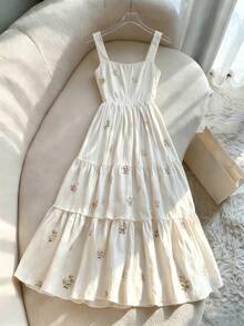 SHEIN Franclia Đầm hoa nhí, đầm eo xếp ly, chân váy bồng bềnh, thích hợp cho mùa xuân/hè. - Màu be - Xem 2