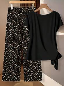 EMERY ROSE Plus Size Women Casual Leopard Print Loose Pants Set, Black 2 Pieces Outfit, Vacation Suit, Summer Wear - Multicolor - View 2