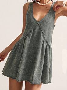 Vestido Corto Casual de Punto Holgado con Cuello en V de Color Sólido  para Mujer, Vestido de Vacaciones - Gris Oscuro - Ver 3