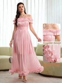 Modelyn 女士时尚法式荷叶边露肩长裙，夏季修身A字优雅连衣裙，高街泡泡裙，适合约会、度假、派对等场合。时尚连衣裙 - 粉色 - 查看 4