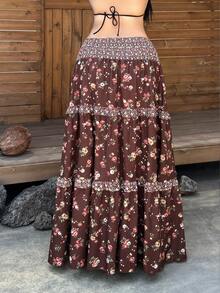 Flirla Plus Size Fashionable Versatile Ditsy Floral Lace Patchwork Long Skirt - Brown - View 2