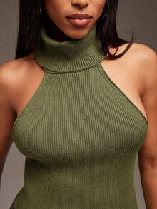 Denimoi Atasan Halter Tanpa Lengan Leher Tinggi dengan Cincin O, Atasan Sweater, Atasan Tanpa Punggung, Sweater Leher Kura-kura - Olive Green - View 6