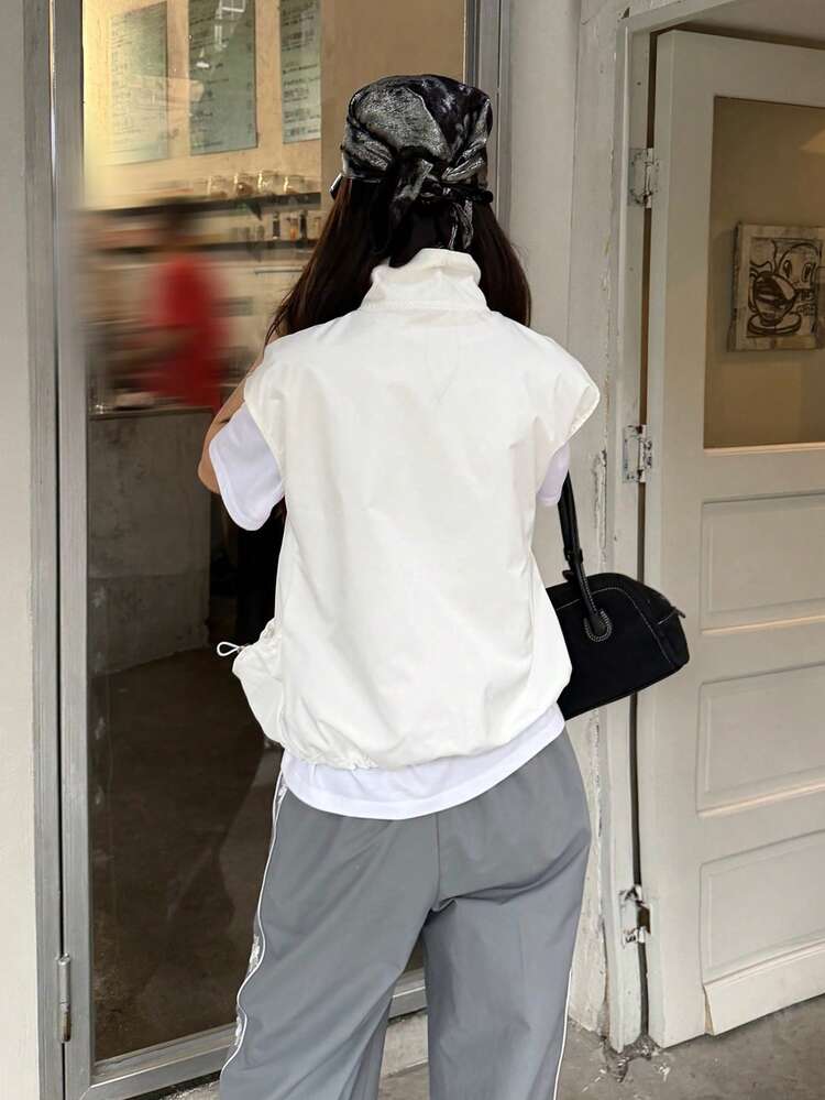Women's Solid Color Loose Stand Collar Pleated Pocket Casual Sports Vacation Lightweight Vest Jacket, Summer