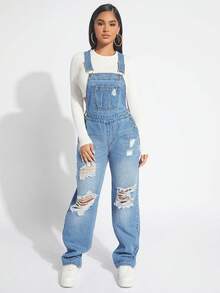 Plus Size Women Distressed Pocket Design Casual Denim Jumpsuit - Blue - View 3