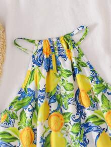 Tween Girl Casual Vacation Halter A-Line Lemon Print Dress - Yellow - View 6