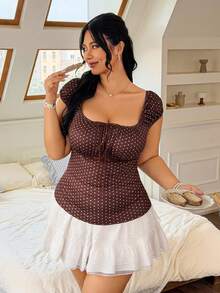 FleurLily Plus Size Women's Fashionable Elegant Square Neck Short Sleeve Fitted T-Shirt - Brown - View 3