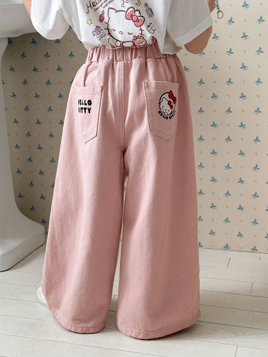 Dazy Kids HELLO KITTY | DAZY Celana Jeans Lurus Motif Kucing KT Lucu untuk Anak Perempuan - Berwarna merah muda - View 1
