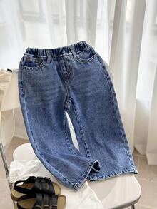 SHEIN Quần jean denim ống rộng dáng suông màu xanh dương, bạc màu, hợp thời trang cho bé trai, thích hợp mặc hàng ngày vào mùa xuân/hè. - Rửa trung bình - Xem 4