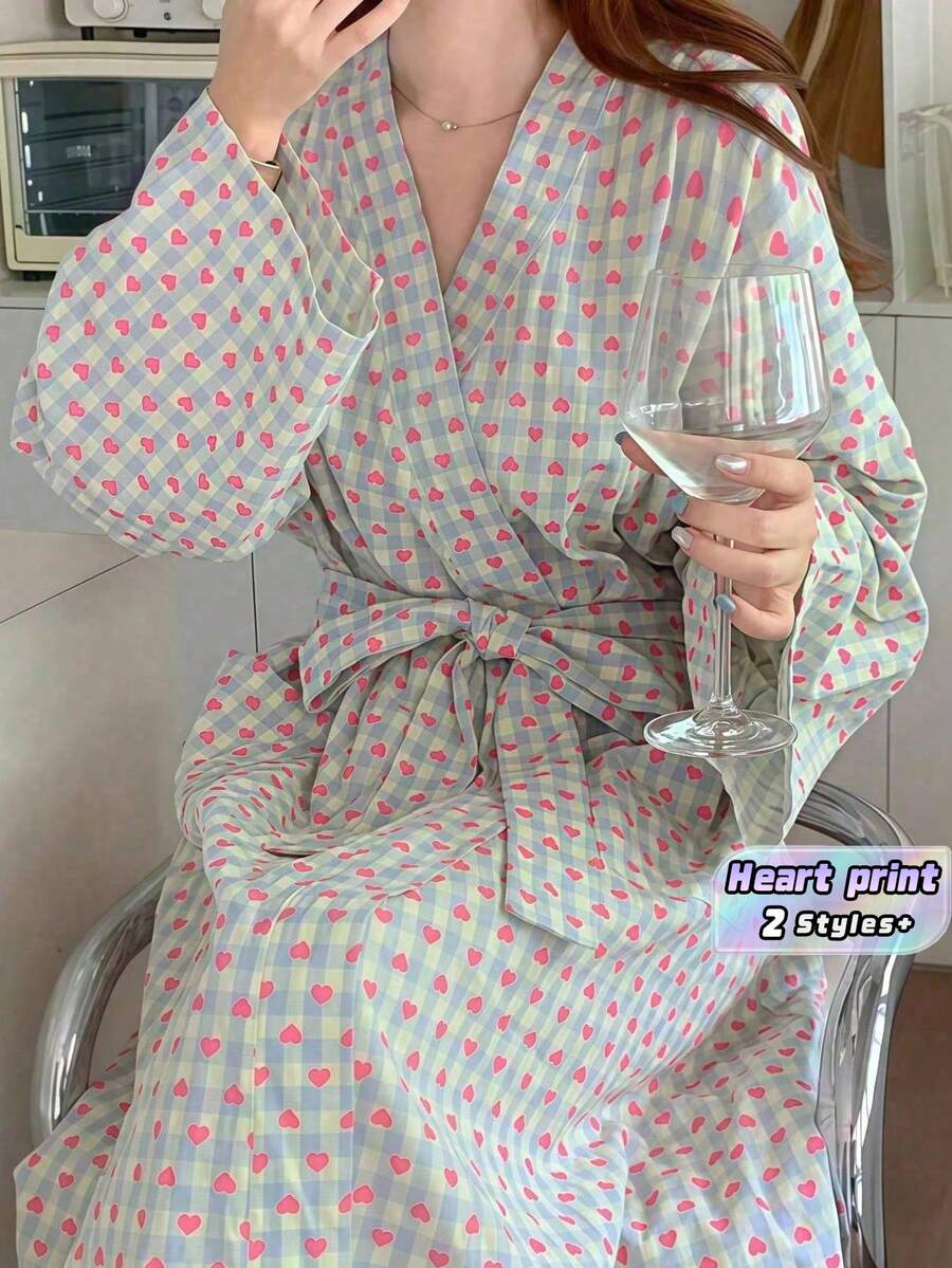 女士格子长袖睡袍,心形印花,优雅宽松家居服睡衣,柔软舒适休闲家居服,适合春秋季穿着,可爱返校睡衣,中长款 - 彩色 - 查看 1