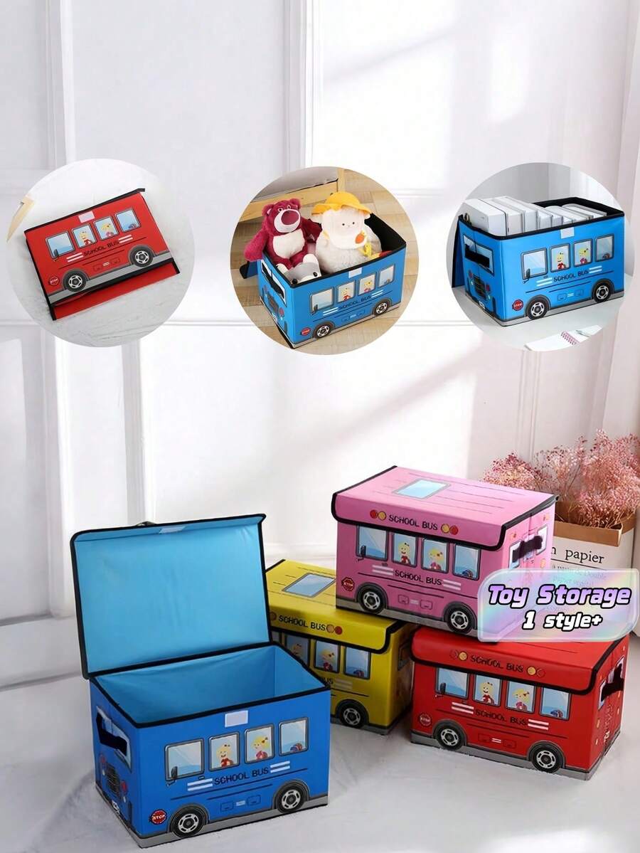 1pc School Bus Pattern Non-Woven Fabric Organizer Box,Covered Folding Multi-Functional Storage ,School Bus Treasure Box Kids Foldable Chest Storage Box,Toys Organizer Box, Car Design Decorations Festival Decor Room Decor Home Decor Bedroom Decor - Multicolor - View 1