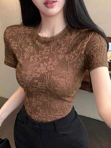 DAZY 棕色花卉印花蕾絲短版上衣，適合婚禮、派對、音樂節，修身短袖女款 T-shirt，春/夏季 - 棕色 - 查看 5