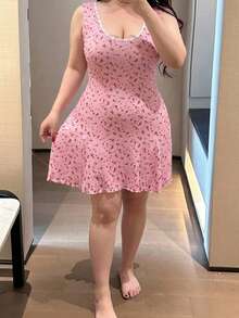 Dazy Plus Sweet Floral Lace Patchwork Sleeveless Waist Cinched Short Dress/Nightgown, Summer Outfit, Plus Size Women Loungewear - Pink - View 3