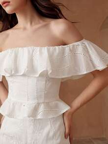 Bộ trang phục hẹn hò lãng mạn thanh lịch, áo kiểu trễ vai xếp ly họa tiết jacquard thời trang và quần ống rộng cho nữ, mùa xuân/hè. - trắng - Xem 5
