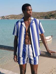Palasendo Men's Striped Short Sleeve Single-Breasted Shirt & Shorts Casual Beach Outfit - Blue and White - View 5