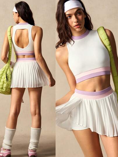 VARSIVA Bộ đồ thể thao nữ gồm áo tank top hở lưng kẻ sọc và quần váy xếp ly.