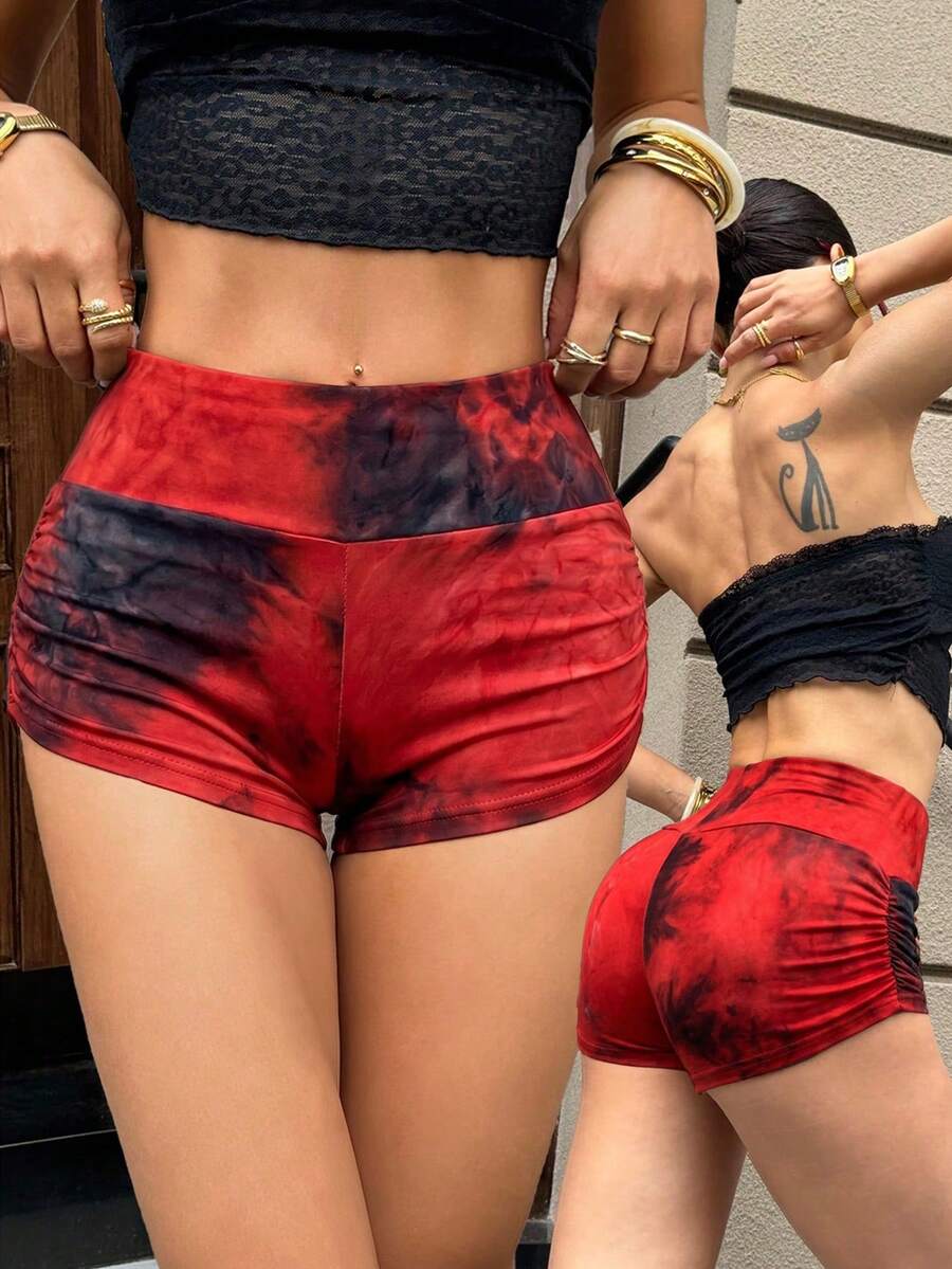 SHEIN EZwear 女士扎染休闲百搭日常短裤 - 酒紅色 - 查看 1