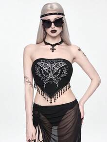 ROMWE Áo croptop kiểu Gothic tối màu thêu hình bướm, tua rua, buộc dây phía trước. - màu đen - Xem 4