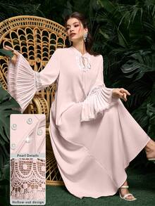 SHEIN Najma Đầm kiểu Ả Rập thanh lịch với ren hoa xếp ly, khoét rỗng và cổ áo thắt nơ đính hạt. - Hồng - Xem 1