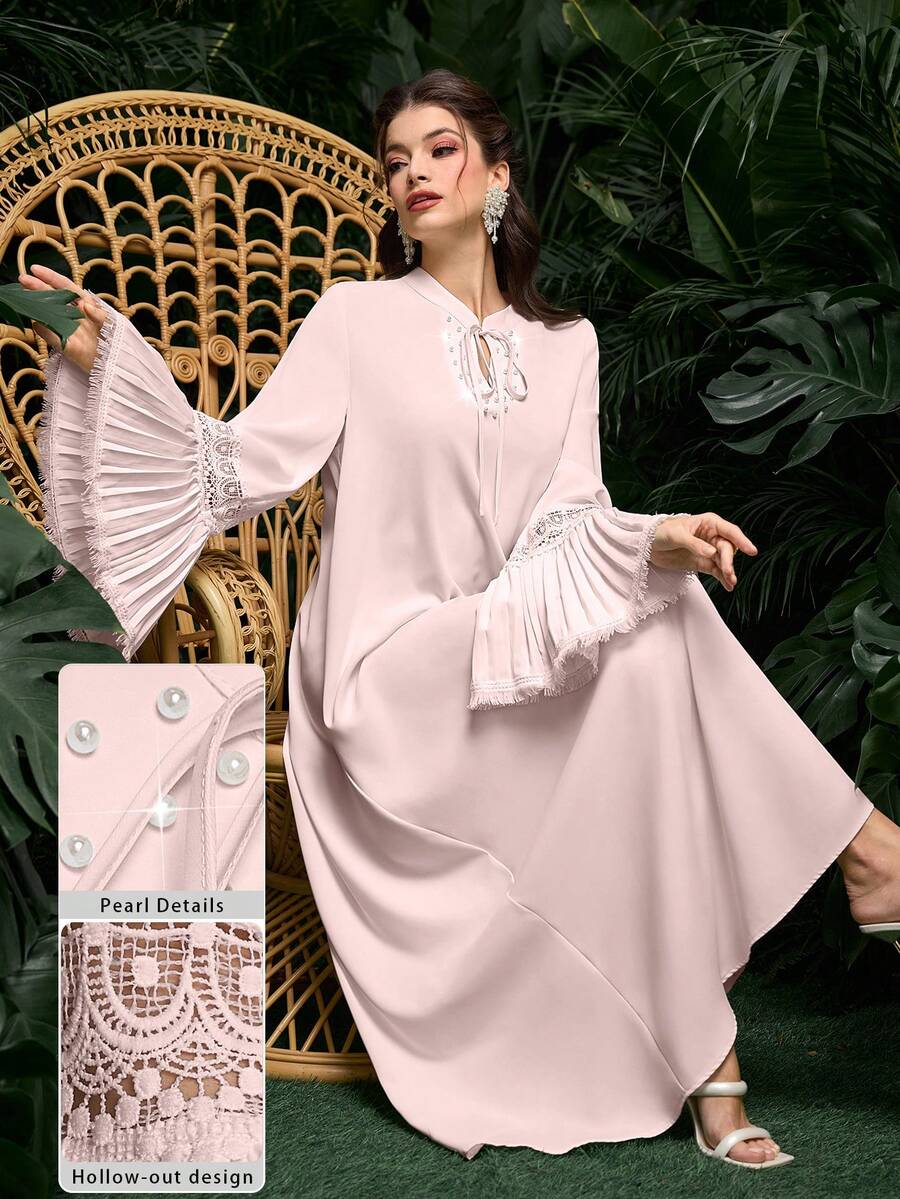 SHEIN Najma Đầm kiểu Ả Rập thanh lịch với ren hoa xếp ly, khoét rỗng và cổ áo thắt nơ đính hạt. - Hồng - Xem 1