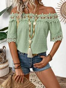 EMERY ROSE Textured Fabric Ruffle Detail Off Shoulder Blouse - Green - View 6