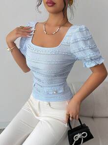 Elenzga Women's Elegant Baby Blue Textured Fabric Square Neck Puff Sleeve Ruffle T-Shirt,Summer Tea Party,Pocket Decor Elastic Knit,Work Commute & Daily Wear - Blue - View 6