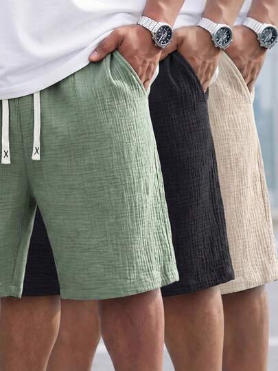 ResortEase 3pcs/Set Plus Size Men's Casual Solid Color Drawstring Waist Loose Pockets Cotton Shorts, Suitable For Summer Daily Wear