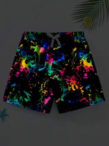 SHEIN 儿童青少年男童休闲百搭舒适椰树印花拼接宽松内衬泳裤沙滩短裤 - 彩色 - 查看 5