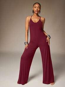 Denimoi Bộ jumpsuit hở lưng ống rộng, jumpsuit gợi cảm, jumpsuit lưng chữ X, thích hợp cho kỳ nghỉ ở Ibiza, mùa hè châu Âu. - Màu Đỏ Sâu - Xem 3